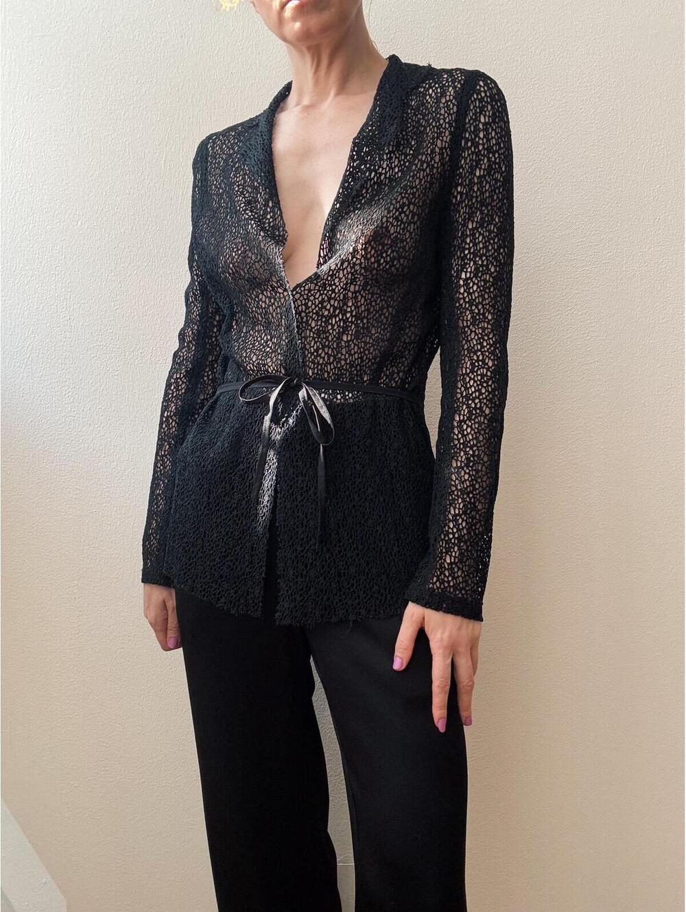 Vintage Sheer Black Cotton Crochet Tie Front Blouse